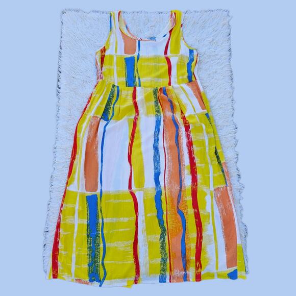 Vtg Jams World Janice Dress M Primary Stripe Yellow Kidcore Sleeveless Vintage - Picture 8 of 8